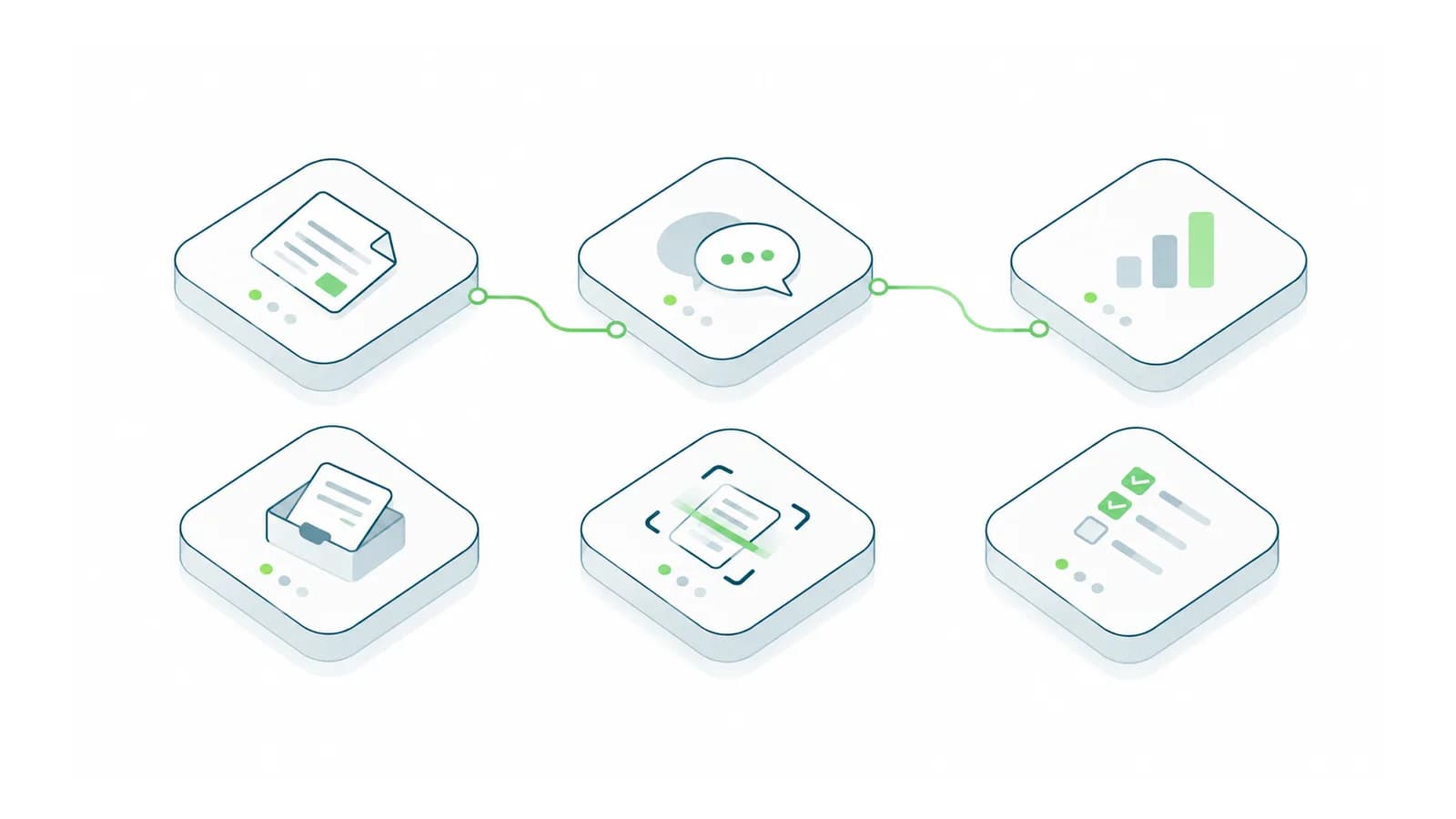 Isometric gallery of document, support, reporting and review automation examples.
