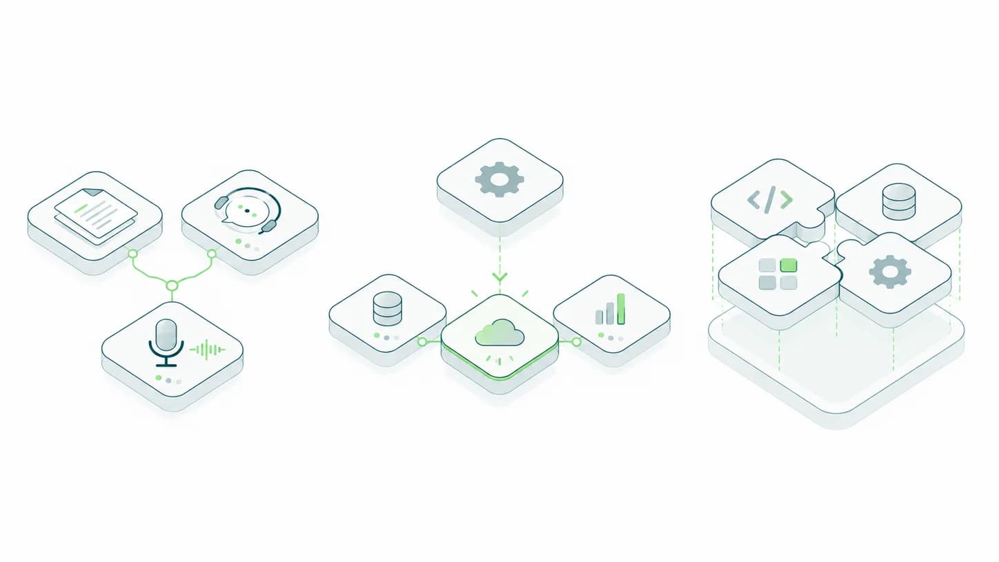 Three approaches to business software, connecting existing tools, replacing one component and assembling a custom application