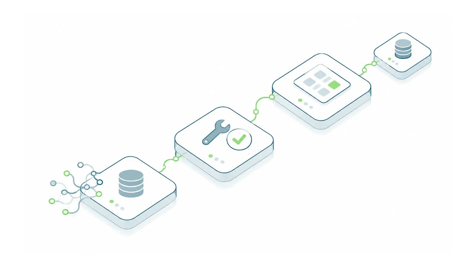 Isometric steps showing a legacy database assessed, tested and connected to an improved application.