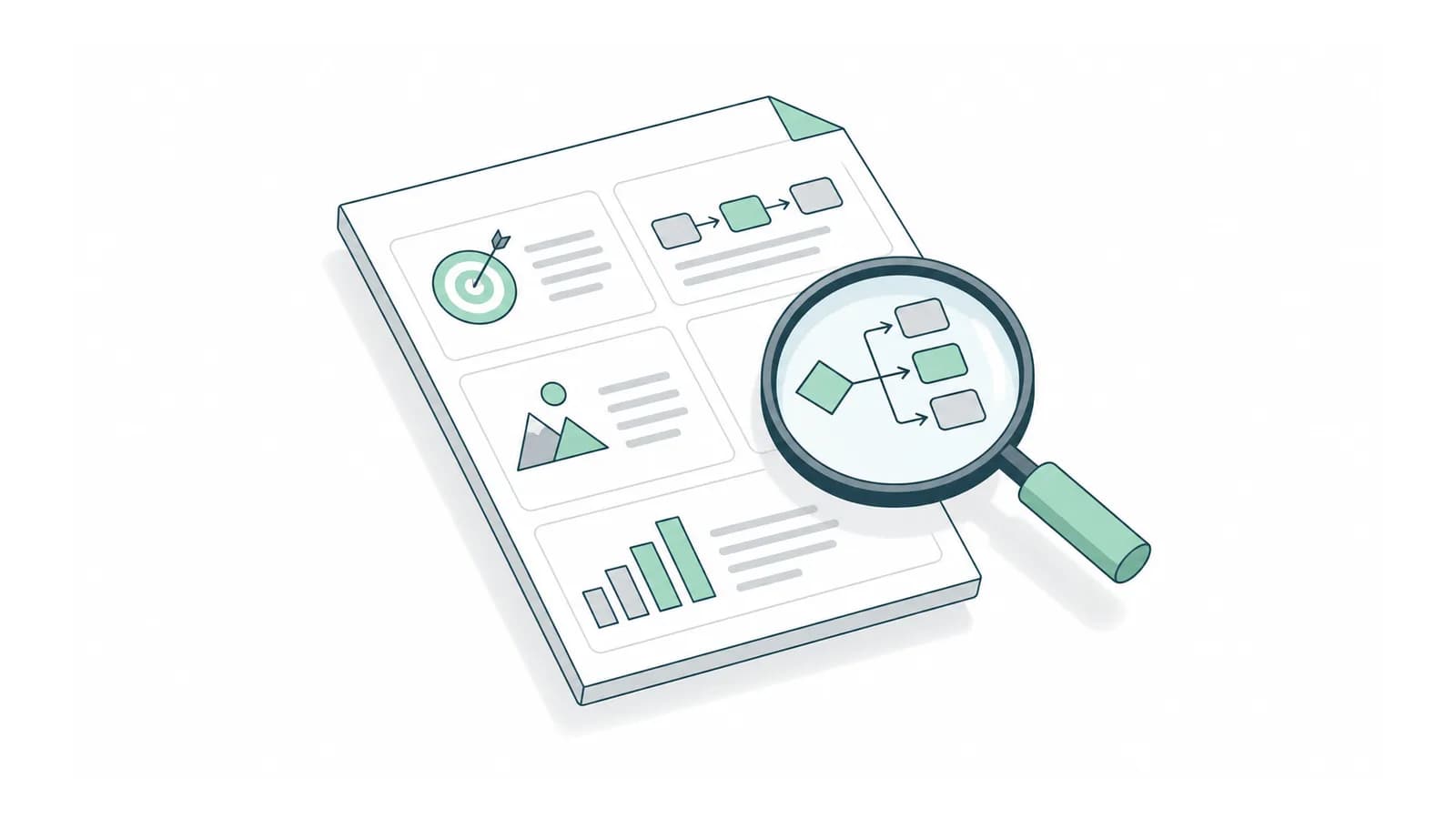 A product brief with workflow diagrams examined through a magnifying glass.