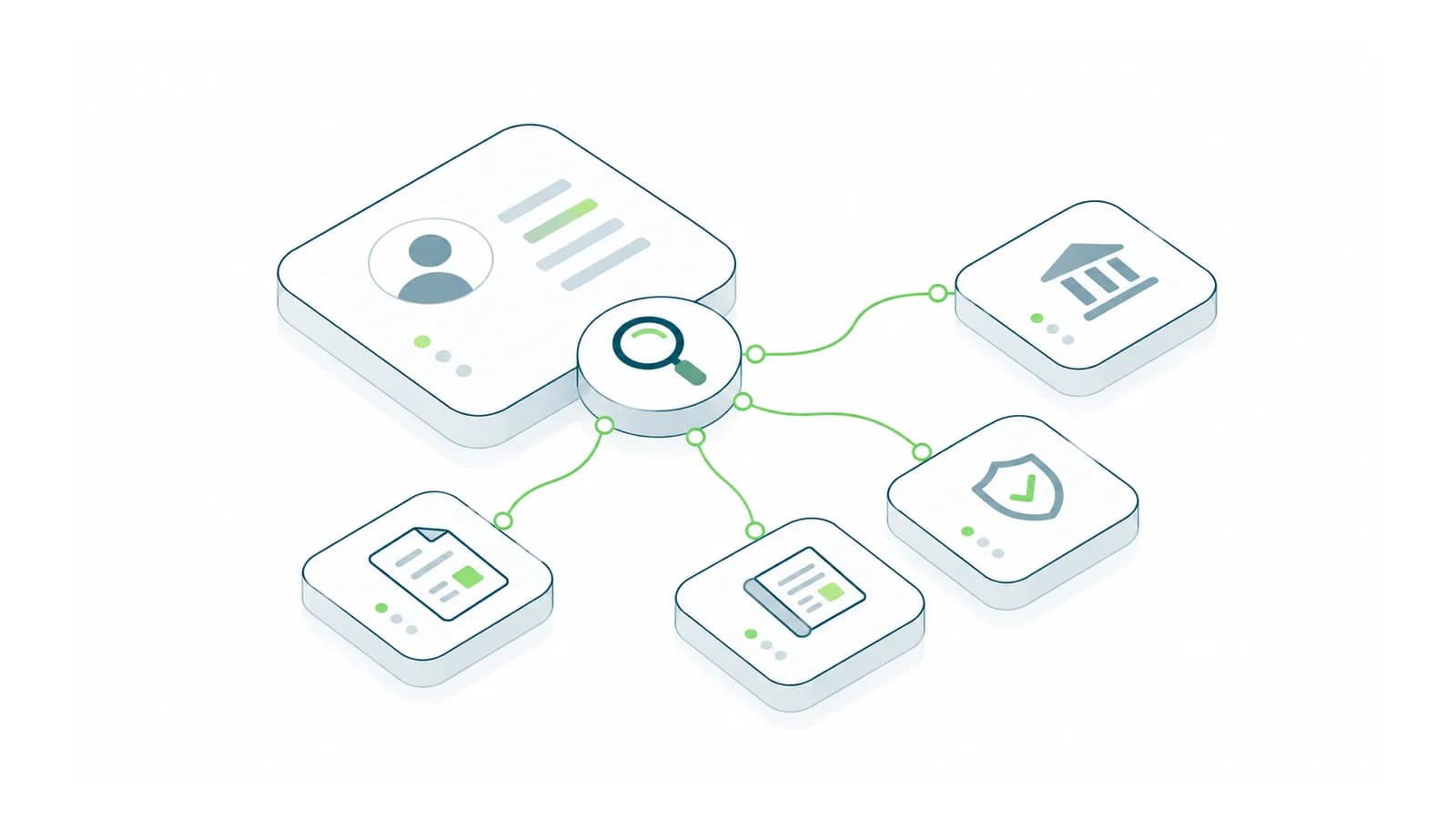 Isometric company profile checked against registry, tax and regulatory source tiles.