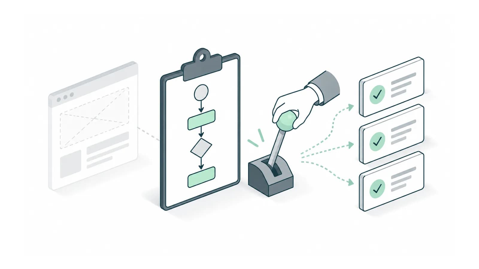 A workflow checklist connected to a manual test and completed result cards.