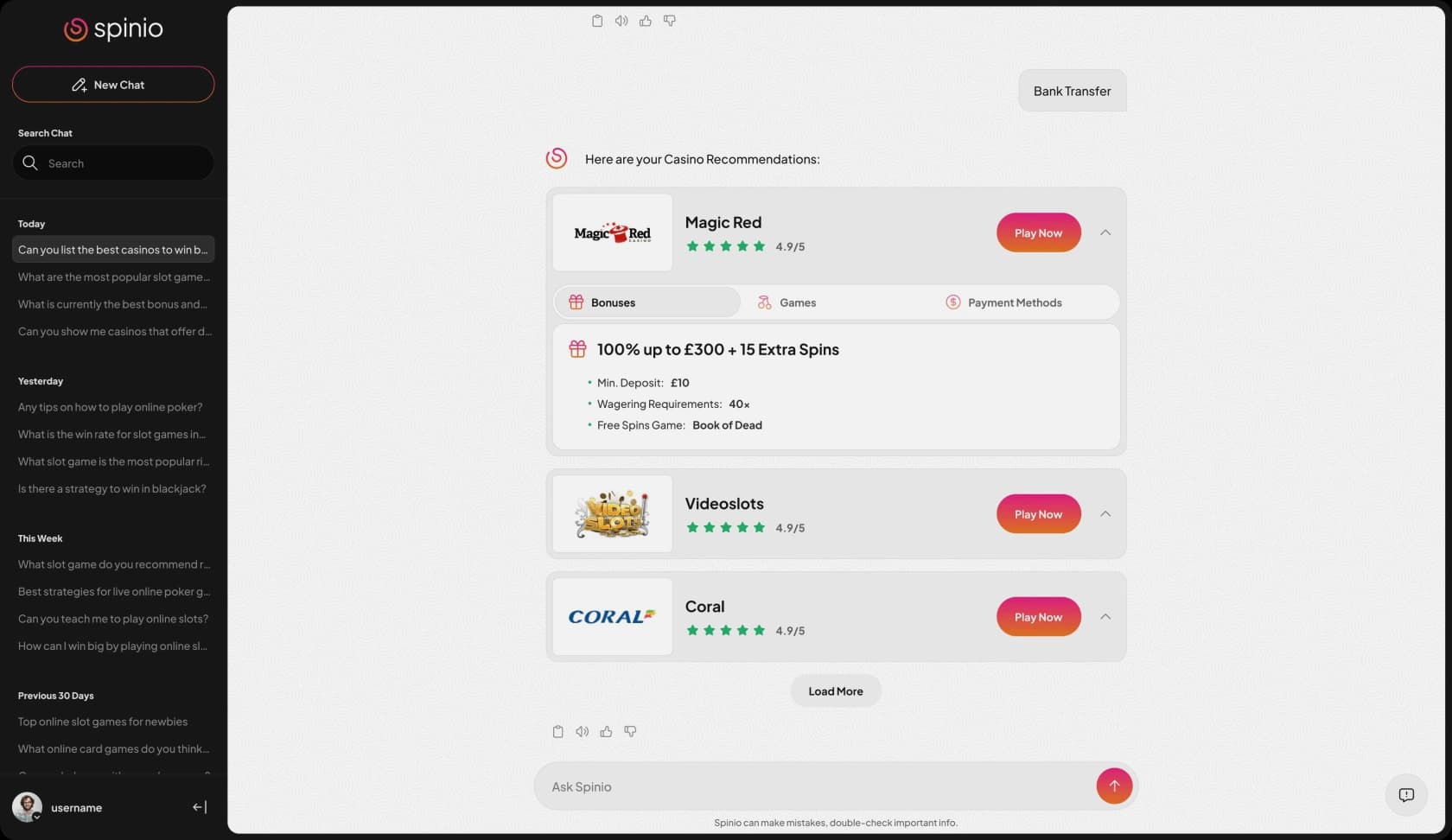 Spinio recommendation workspace matching a user's preferences to catalog results