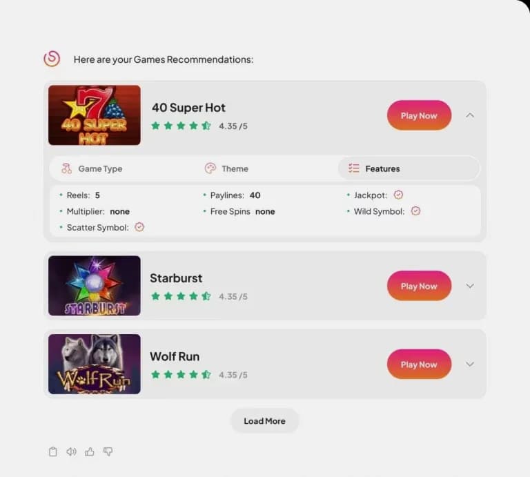 Spinio catalog results with item attributes and feature tabs