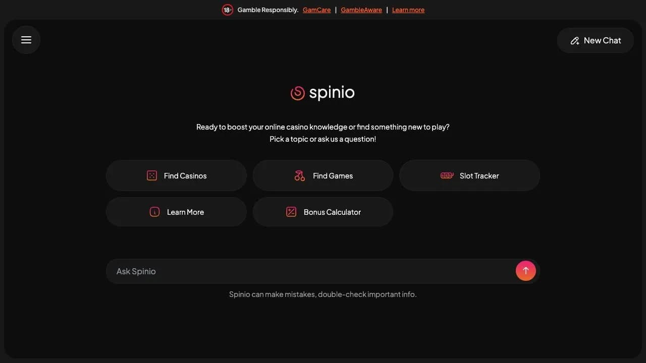 Spinio desktop chat entry screen with guided topics and a message field