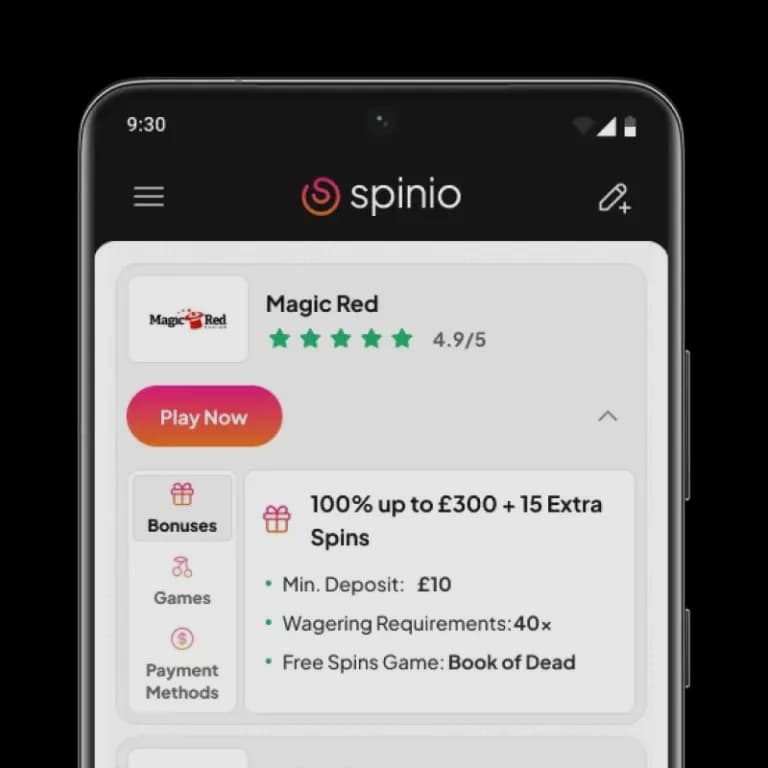 Spinio recommendation cards and detail tabs on an Android phone