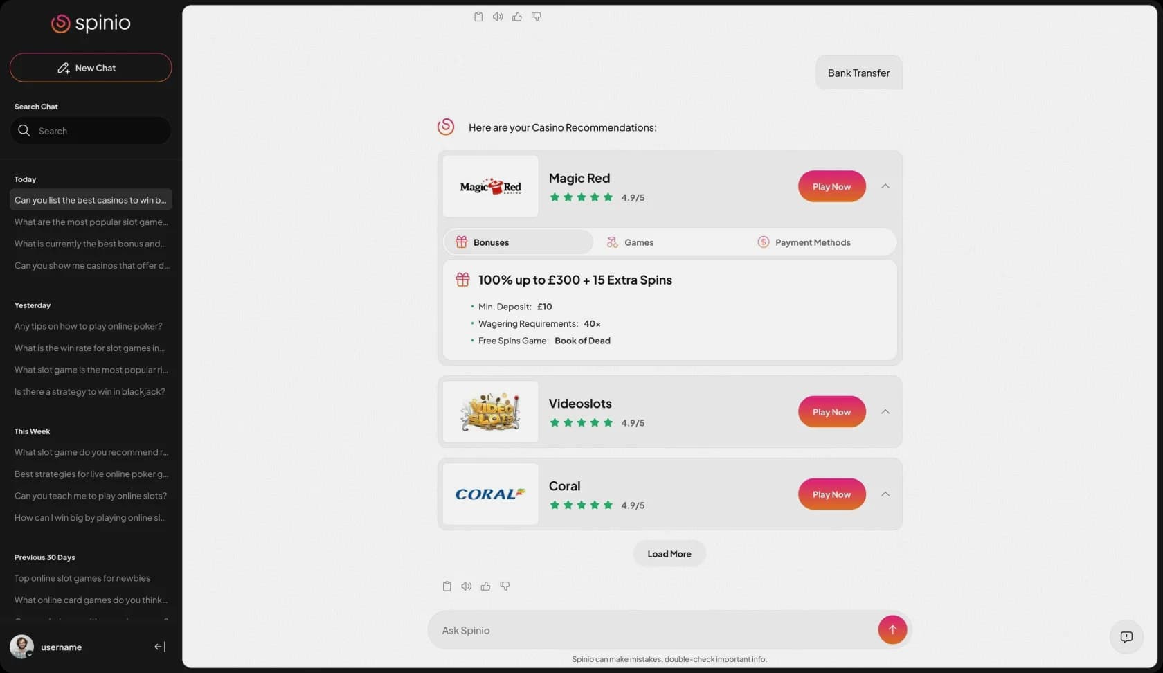 Spinio recommendation workspace with conversation history and expandable result cards
