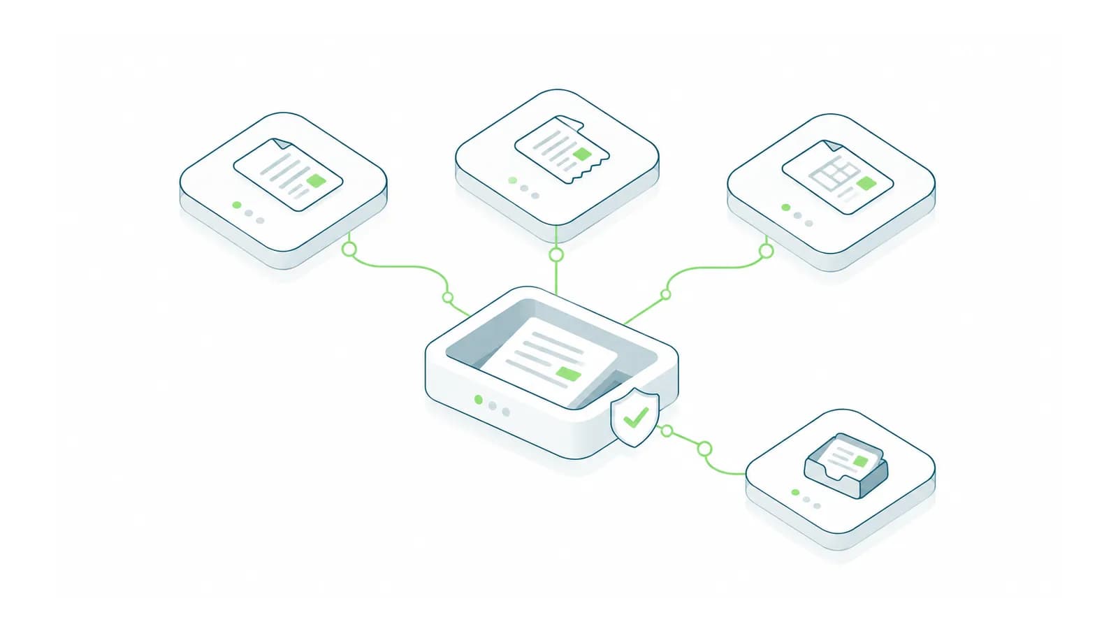 Isometric purchase documents matched in a checked tray with a separate exception inbox.