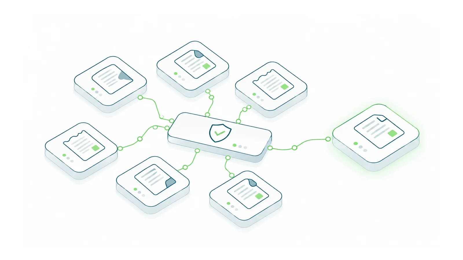 Isometric invoice formats passing through a shared validation bridge into a consistent record.