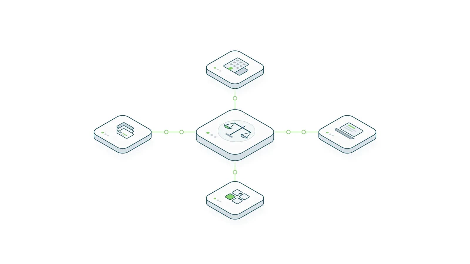 Four isometric tiles for an office building, a laptop, a stacked team and snap-together blocks, each connected to a central balance scale.