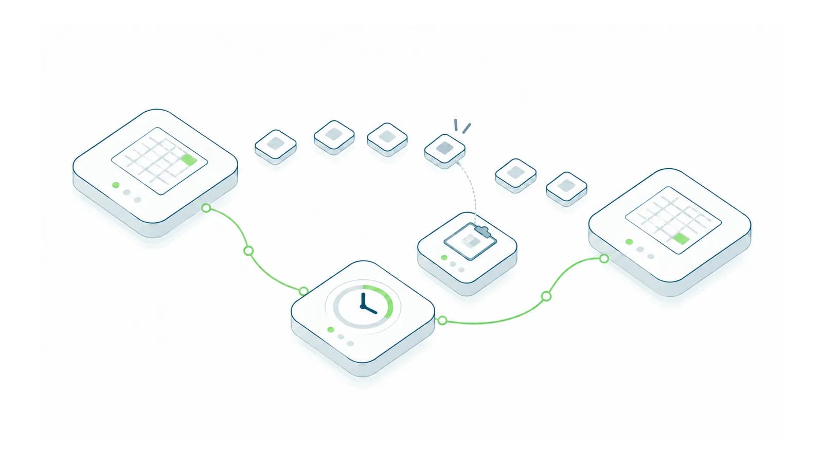 Isometric spreadsheets separated by manually transferred fields, an error check and a clock.