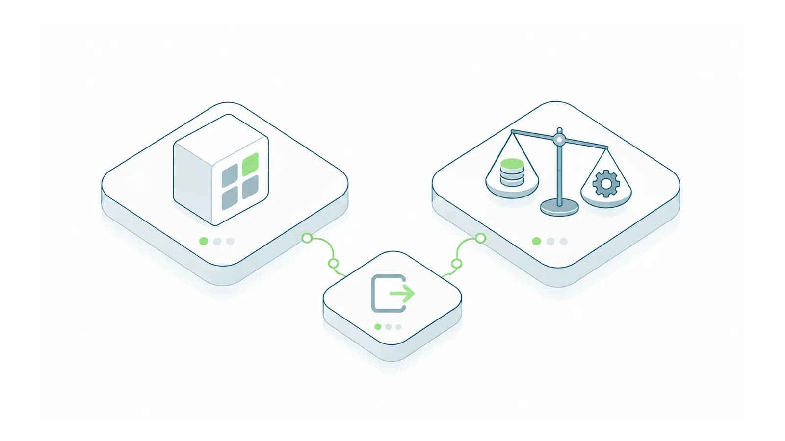 Isometric software package beside a balance scale weighing cost and flexibility.