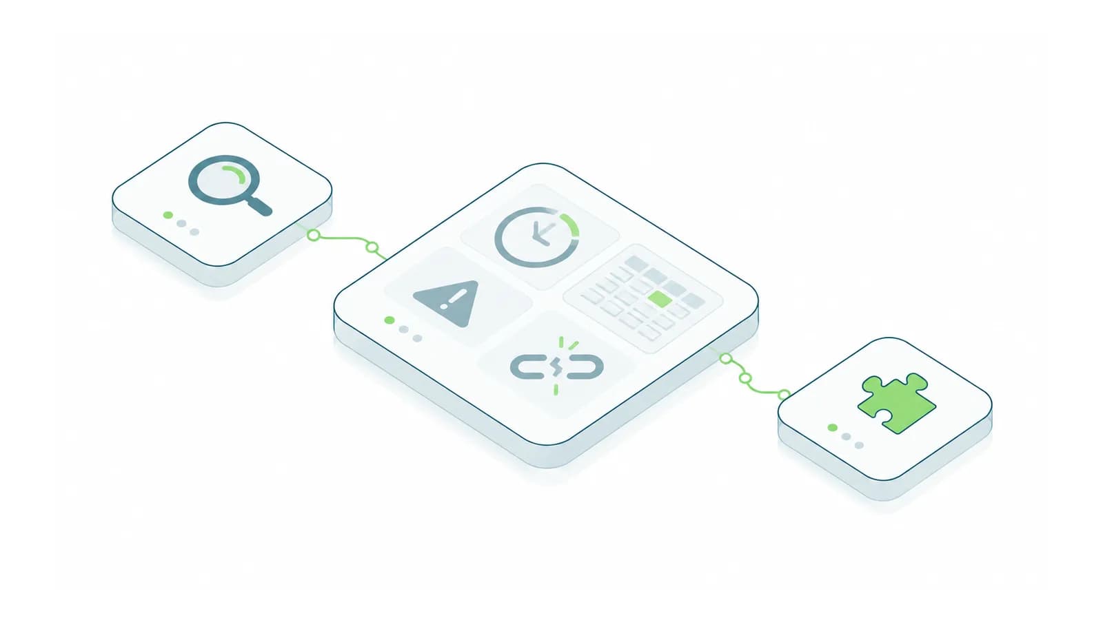Isometric diagnostic board showing workflow bottlenecks and one fitted software component.