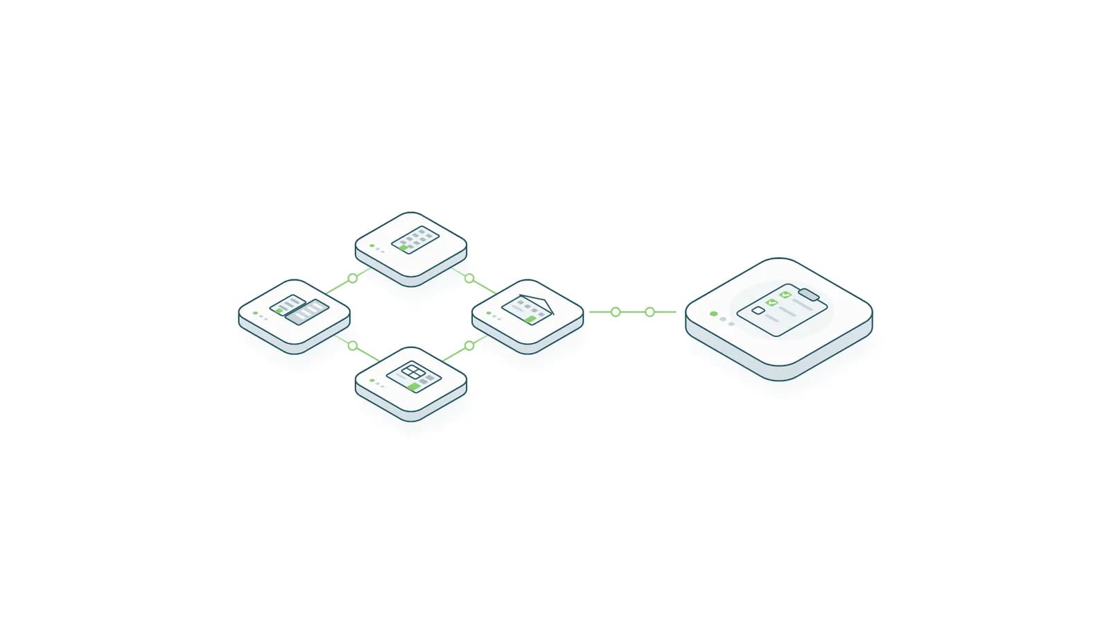 Four isometric tiles with different office buildings, linked in a loop and connected to a larger tile holding a checklist with two items ticked.