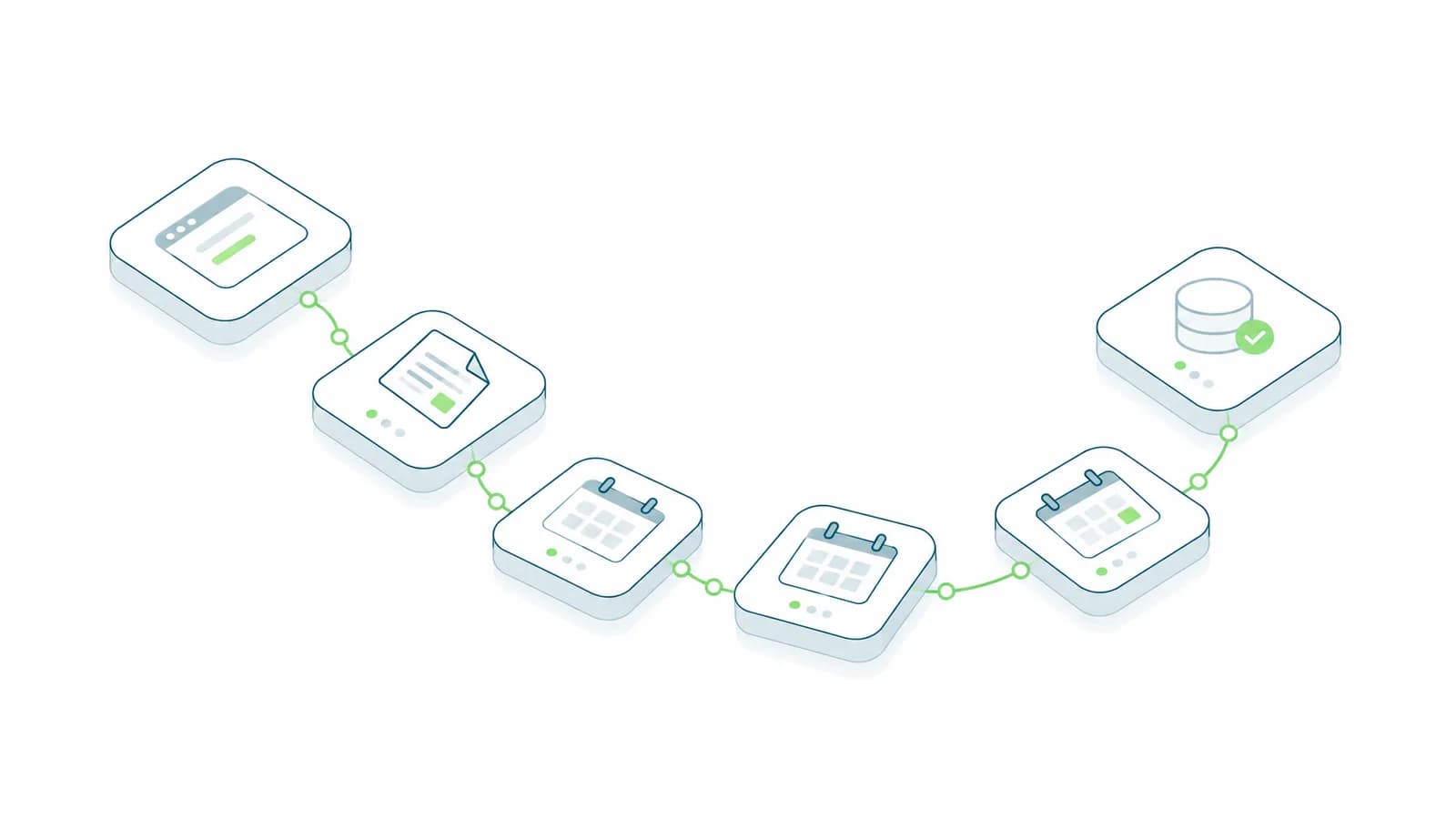 Isometric timeline connecting an invoicing application, a validation gateway and a scheduled launch.