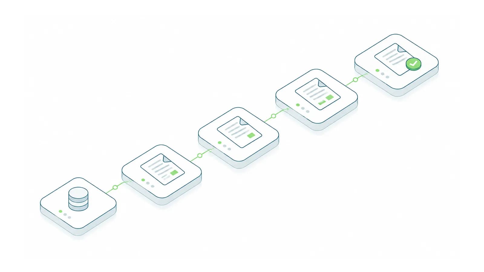 Isometric invoice and calendar tiles arranged in phases leading to an approved electronic invoice.