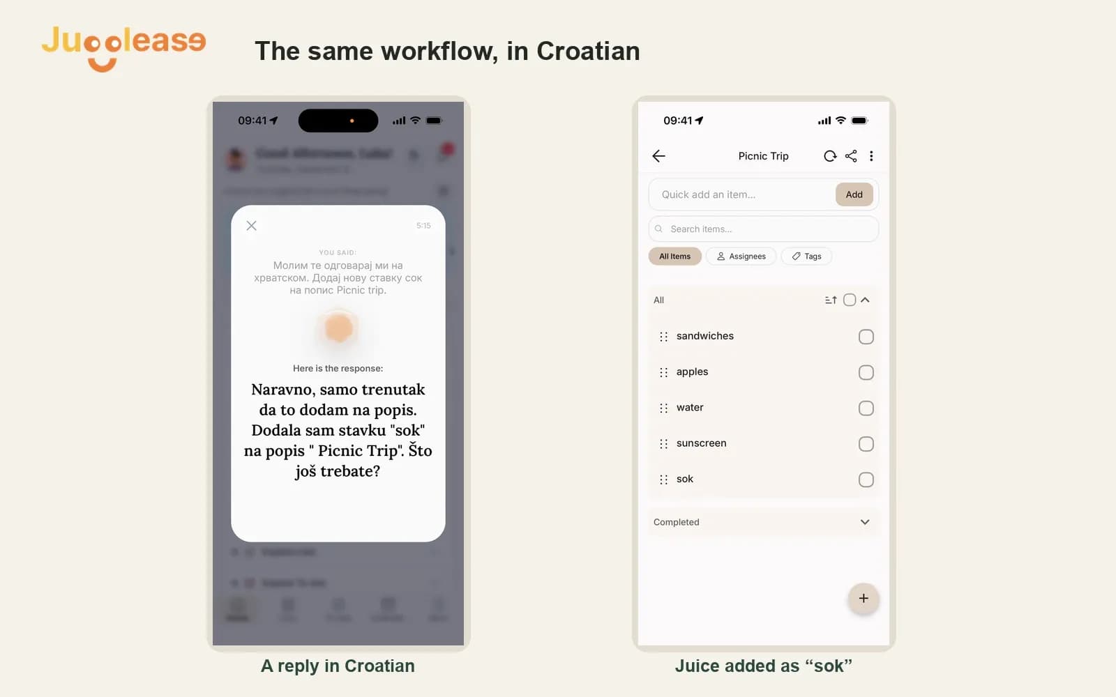 Easy responds in Croatian and the Picnic Trip list contains the new item sok