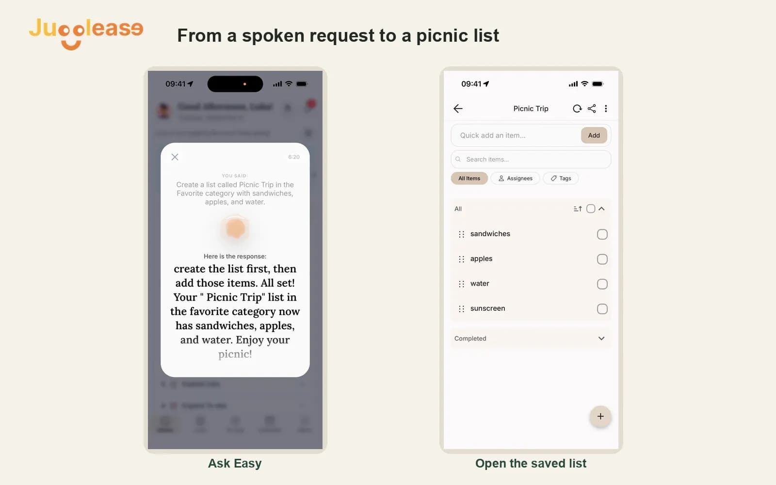 Easy creates a picnic list by voice, with the saved sandwiches, apples, water, and sunscreen shown beside the conversation