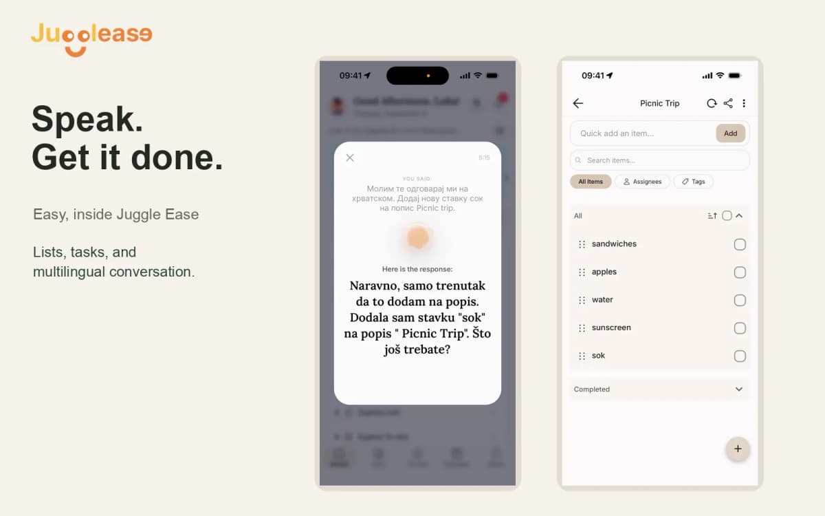 Easy voice conversation and the saved Picnic Trip list inside Juggle Ease
