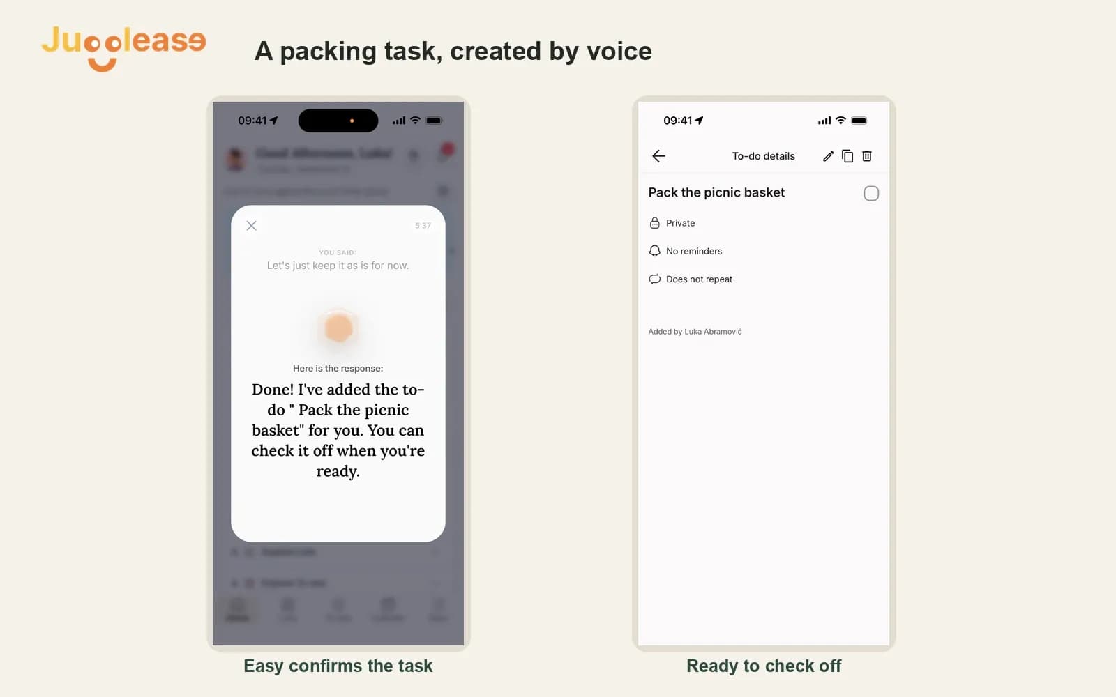 Easy confirms Pack the picnic basket beside the saved task detail screen