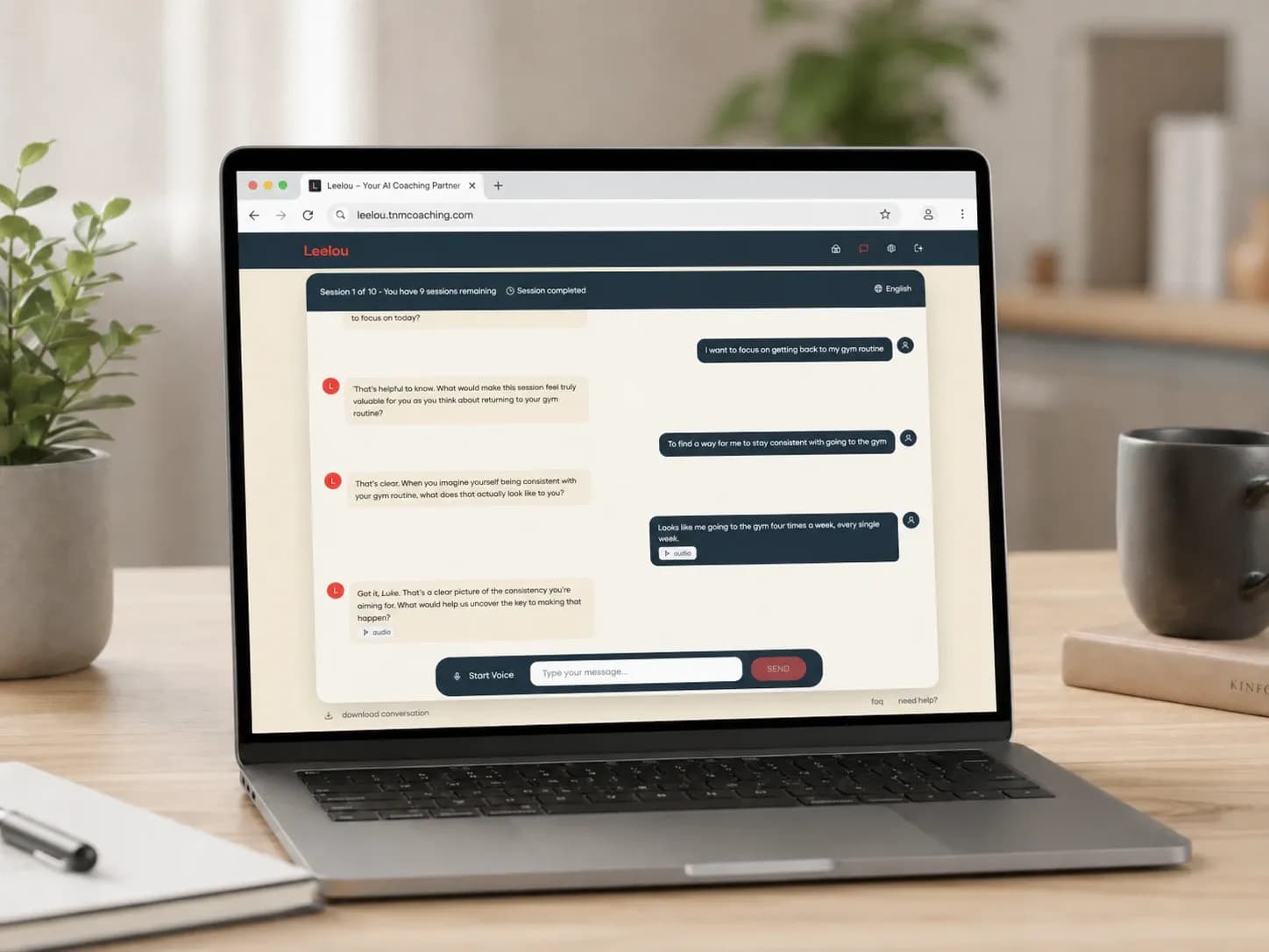Leelou AI coaching conversation displayed on a laptop