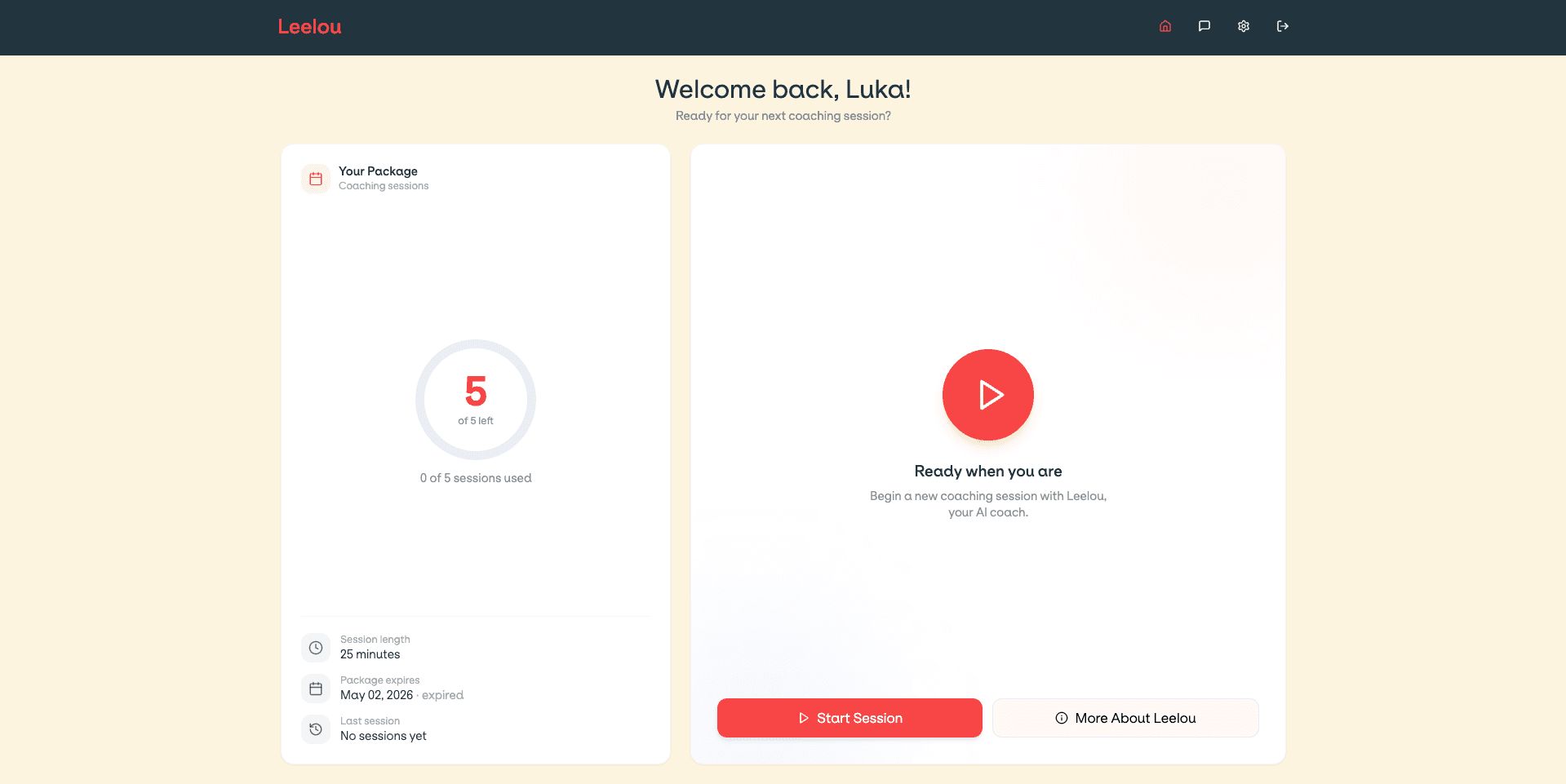 Leelou member home screen with coaching package and start-session controls