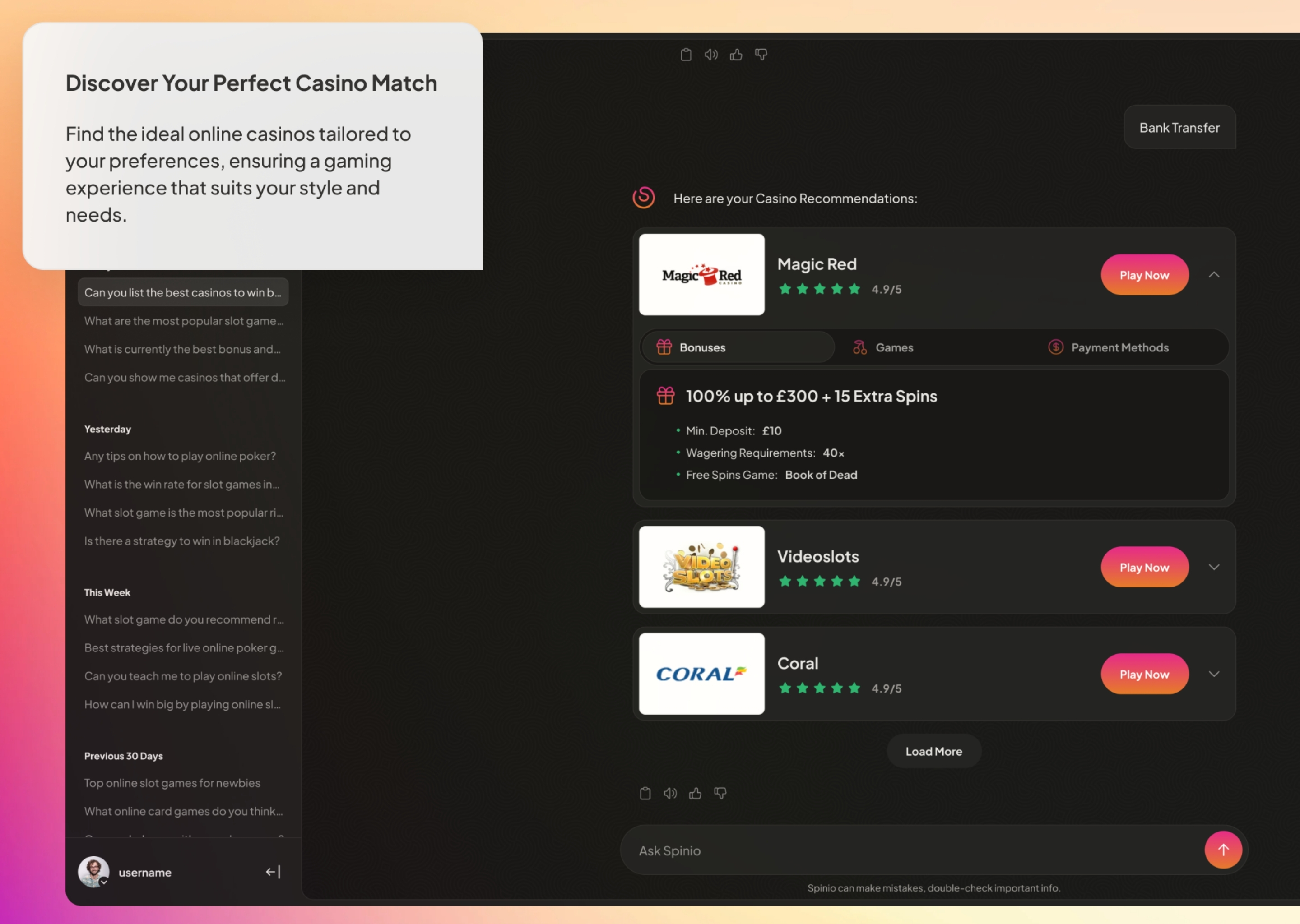 Spinio - AI Recommendation Chatbot